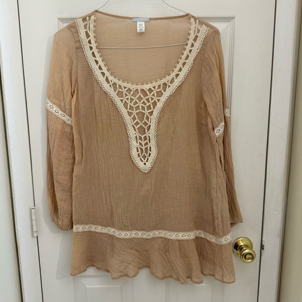 Eberjey Free Spirit Tunic Dress Size Medium Large Peach Crochet Long Sleeve Boho